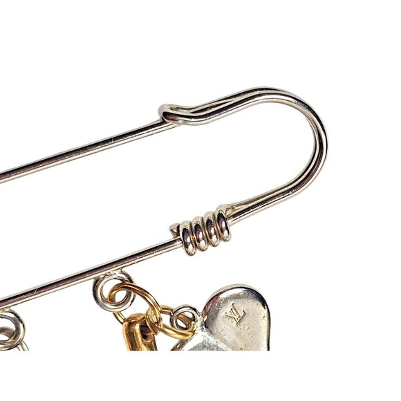 LOUIS VUITTON Charm Safety Pin Brooch Silver Jewelry Bag Charms LV Gold Logo - Picture 4 of 7